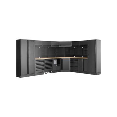 Mobilier d'atelier Mobilio 8 éléments Kraftwerk, unité murale, paroi perforée à trous carrés, longueur 3819 mm 2824 mm, plan de travail multiplex (3964E-BLK) - Publicité Mobilier d'atelier Mobilio 8 éléments Kraftwerk, unité murale, paroi perforée à trous carrés, longueur 3819 mm 2824 mm, plan de travail multiplex (3964E-BLK) - Publicité