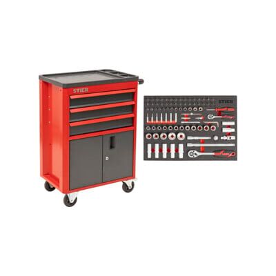 Servante d'atelier-armoire roulante STIER avec 3 tiroirs, garnie, 92 pièces (906030) - Publicité Servante d'atelier-armoire roulante STIER avec 3 tiroirs, garnie, 92 pièces (906030) - Publicité