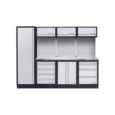 Système d'armoire d'atelier à 4 éléments Kraftwerk en acier inoxydable à trous carrés de 2640 mm de long (3964BIX) - Publicité Système d'armoire d'atelier à 4 éléments Kraftwerk en acier inoxydable à trous carrés de 2640 mm de long (3964BIX) - Publicité
