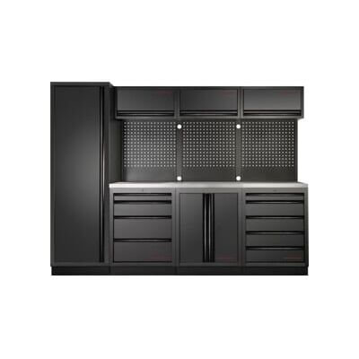 Système d'armoire d'atelier à 4 éléments Kraftwerk en acier inoxydable à trous carrés de 2640 mm de long (3964B-BLK-IX) - Publicité Système d'armoire d'atelier à 4 éléments Kraftwerk en acier inoxydable à trous carrés de 2640 mm de long (3964B-BLK-IX) - Publicité