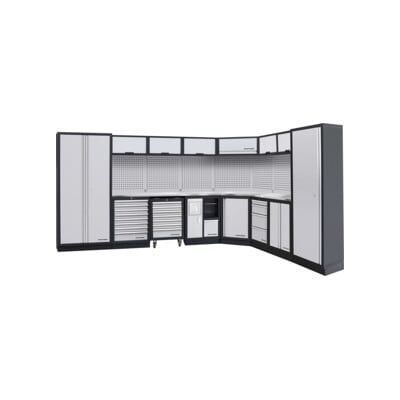 Unité murale Kraftwerk à 8 éléments avec paroi à trous carrés Longueur 3819 mm 2824 mm Plan de travail en inox (3964EIX) - Publicité Unité murale Kraftwerk à 8 éléments avec paroi à trous carrés Longueur 3819 mm 2824 mm Plan de travail en inox (3964EIX) - Publicité