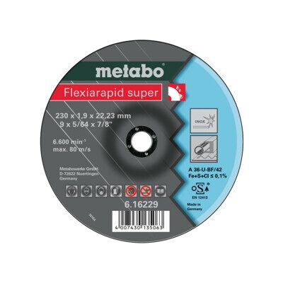 Flexiarapid super 230 x 1,9 x 22,3 inox, meule de tronçonnage, modèle coudé metabo (616229000) - Publicité Flexiarapid super 230 x 1,9 x 22,3 inox, meule de tronçonnage, modèle coudé metabo (616229000) - Publicité