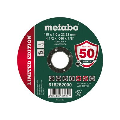 Metabo Limited Edition 115 x 1,0 x 22,23 mm, Inox, disque à tronçonner, version droite (616262000) - Publicité Metabo Limited Edition 115 x 1,0 x 22,23 mm, Inox, disque à tronçonner, version droite (616262000) - Publicité