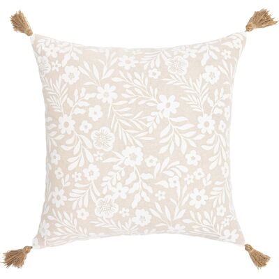 HomeMaison Coussin polycoton imprimé floral à pompons - Publicité HomeMaison Coussin polycoton imprimé floral à pompons - Publicité