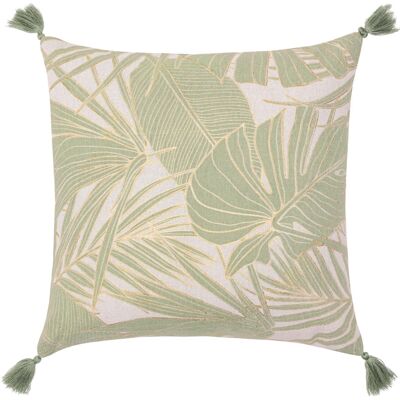 HomeMaison Coussin polycoton feuillages tropicaux métallisé à pompons - Publicité HomeMaison Coussin polycoton feuillages tropicaux métallisé à pompons - Publicité