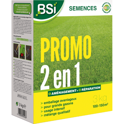 BSI - Semences de Gazon - Aménagement Rapide - Enrobage Protecteur - Haute Qualité - Jusqu'à 150m² - 3Kg - Publicité BSI - Semences de Gazon - Aménagement Rapide - Enrobage Protecteur - Haute Qualité - Jusqu'à 150m² - 3Kg - Publicité