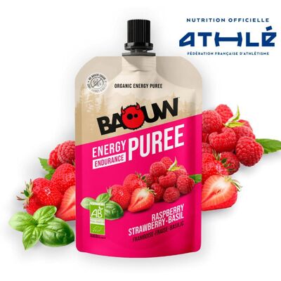 Gel énergétique Baouw Bio saveur framboise fraise basilic - Energy Gel - Publicité Gel énergétique Baouw Bio saveur framboise fraise basilic - Energy Gel - Publicité