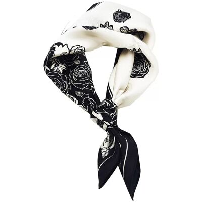 INF Écharpe carrée élégante en soie - Motif roses noires et blanches - Publicité INF Écharpe carrée élégante en soie - Motif roses noires et blanches - Publicité