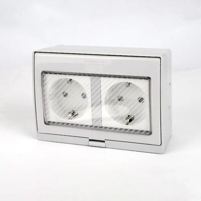 INF Boîte de prise extérieure étanche 2 modules compatible avec Schuko - Gris PC+ABS, câblage profond, couvercle à encliquetage - Publicité INF Boîte de prise extérieure étanche 2 modules compatible avec Schuko - Gris PC+ABS, câblage profond, couvercle à encliquetage - Publicité