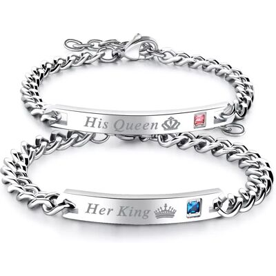 INF Bracelets de couple "His Queen" "Her King" en titane acier Argent 2 pièces - Publicité INF Bracelets de couple "His Queen" "Her King" en titane acier Argent 2 pièces - Publicité