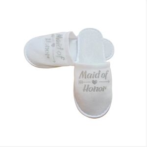 INF Pantoufles Blanches 'Maid of Honour' pour Fête de Pyjama de Mariage - Confort et Élégance Argent - Publicité INF Pantoufles Blanches 'Maid of Honour' pour Fête de Pyjama de Mariage - Confort et Élégance Argent - Publicité