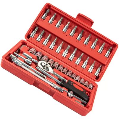 INF Coffret 46 pièces 1/4-Inch - Clé à cliquet et douilles en acier au carbone, mallette rouge compacte pour réparation auto et - Publicité INF Coffret 46 pièces 1/4-Inch - Clé à cliquet et douilles en acier au carbone, mallette rouge compacte pour réparation auto et - Publicité
