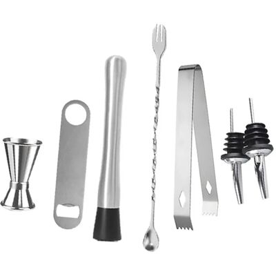 INF Ensemble d'outils de bar pour cocktails 7 pièces en acier inoxydable - pilon, gobelet doseur, fourchette intégrée, 2 becs - Publicité INF Ensemble d'outils de bar pour cocktails 7 pièces en acier inoxydable - pilon, gobelet doseur, fourchette intégrée, 2 becs - Publicité