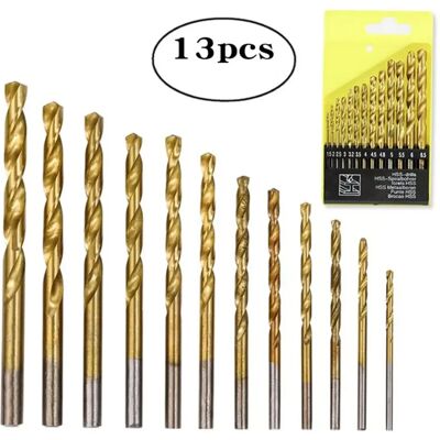 INF Jeu de 13 forets hélicoïdaux HSS - Revêtement en titane, queue cylindrique pour perçage bois, métal et plastique - Publicité INF Jeu de 13 forets hélicoïdaux HSS - Revêtement en titane, queue cylindrique pour perçage bois, métal et plastique - Publicité
