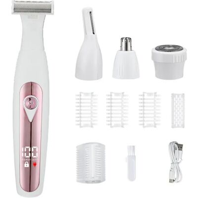 INF Rasoir corporel électrique portable 4-en-1 – Tondeuse rechargeable humide et sec lavable avec têtes détachables, autonomie Rose + Blanc - Publicité INF Rasoir corporel électrique portable 4-en-1 – Tondeuse rechargeable humide et sec lavable avec têtes détachables, autonomie Rose + Blanc - Publicité