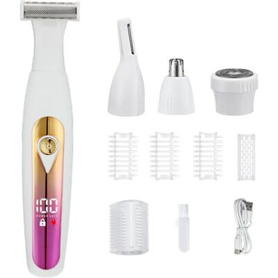 INF Rasoir corporel électrique portable 4-en-1 – Tondeuse rechargeable humide et sec lavable avec têtes détachables, autonomie Blanc + Or - Publicité INF Rasoir corporel électrique portable 4-en-1 – Tondeuse rechargeable humide et sec lavable avec têtes détachables, autonomie Blanc + Or - Publicité