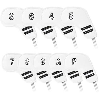 INF Ensemble de 9 couvre-fers de golf en cuir PU blanc - Protection imperméable pour clubs - Publicité INF Ensemble de 9 couvre-fers de golf en cuir PU blanc - Protection imperméable pour clubs - Publicité