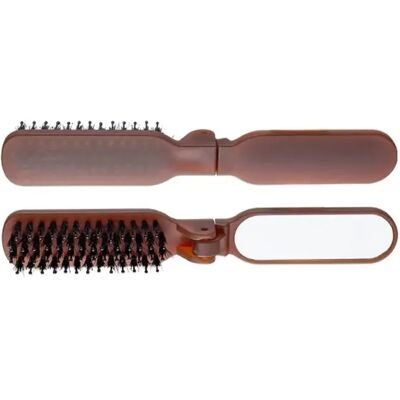 INF Brosse pliable en poils de sanglier avec miroir - Peigne de poche pliant portable pour brillance et coiffage café - Publicité INF Brosse pliable en poils de sanglier avec miroir - Peigne de poche pliant portable pour brillance et coiffage café - Publicité