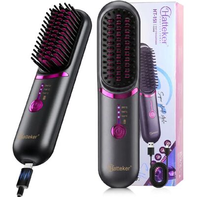 Brosse Chauffante Rechargeable Hatteker, 3 Réglages Ionique, 160–200 °C, USB Noir - Publicité Brosse Chauffante Rechargeable Hatteker, 3 Réglages Ionique, 160–200 °C, USB Noir - Publicité