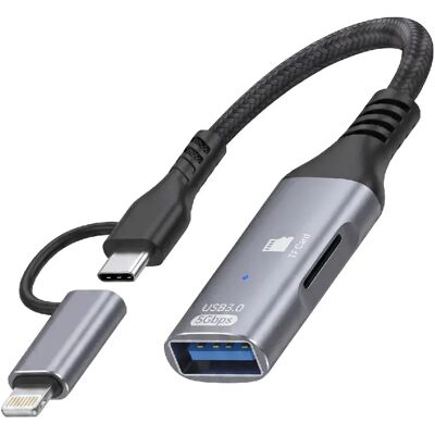 LinQ Adaptateur USB-C et Lightning vers USB 3.0 5Gbps et Lecteur Micro SD Gris - Publicité LinQ Adaptateur USB-C et Lightning vers USB 3.0 5Gbps et Lecteur Micro SD Gris - Publicité