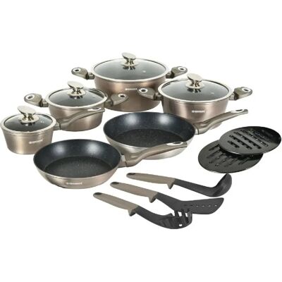Batterie de cuisine 15 pièces avec revêtement en marbre Carbone Herzberg HGMETCR15-CAR - Publicité Batterie de cuisine 15 pièces avec revêtement en marbre Carbone Herzberg HGMETCR15-CAR - Publicité