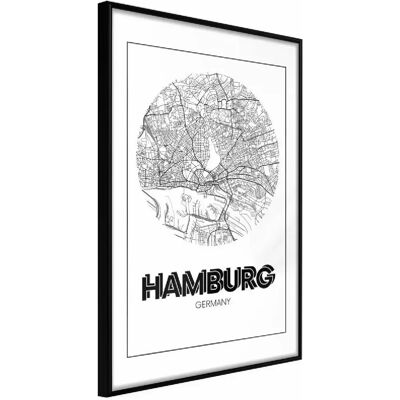 Affiche Artgeist Carte de la ville de Hambourg ronde - Cadre noir - Publicité Affiche Artgeist Carte de la ville de Hambourg ronde - Cadre noir - Publicité