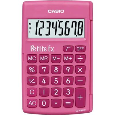 Casio Petite FX rose - Calculatrice de poche 8 chiffres - École primaire - Publicité Casio Petite FX rose - Calculatrice de poche 8 chiffres - École primaire - Publicité