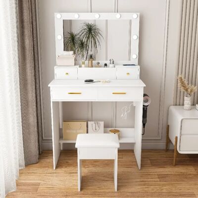 Fenchilin Coiffeuse avec miroir LED - Blanc - Publicité Fenchilin Coiffeuse avec miroir LED - Blanc - Publicité
