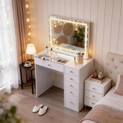 FENCHILIN Coiffeuse avec Miroir à Éclairage LED Dimmable Blanc 92cm 6 Tiroirs Miroir 80x 58 cm - Publicité FENCHILIN Coiffeuse avec Miroir à Éclairage LED Dimmable Blanc 92cm 6 Tiroirs Miroir 80x 58 cm - Publicité