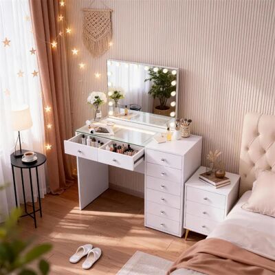 FENCHILIN Coiffeuse avec Miroir à Éclairage LED Dimmable Blanc 120cm 8 Tiroirs Miroir 80x 58 cm - Publicité FENCHILIN Coiffeuse avec Miroir à Éclairage LED Dimmable Blanc 120cm 8 Tiroirs Miroir 80x 58 cm - Publicité