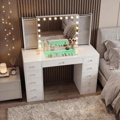 FENCHILIN Coiffeuse avec Miroir LED RGB Bluetooth 11 Tiroirs Blanc 130 x 55 x 141 cm - Publicité FENCHILIN Coiffeuse avec Miroir LED RGB Bluetooth 11 Tiroirs Blanc 130 x 55 x 141 cm - Publicité