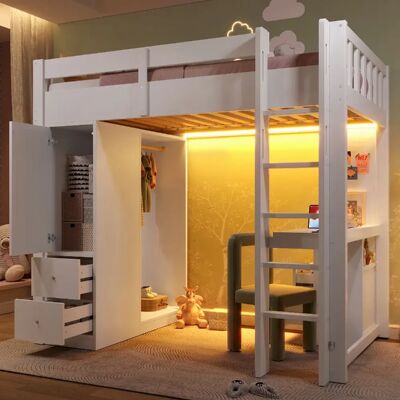 lemonbest Lit mezzanine 90×200 cm blanc, 4 tiroirs, 1 placard de rangement, penderie ouverte - Publicité lemonbest Lit mezzanine 90×200 cm blanc, 4 tiroirs, 1 placard de rangement, penderie ouverte - Publicité