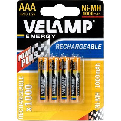 Velamp Piles rechargeables AAA Ni-MH - Lot de 4 - Publicité Velamp Piles rechargeables AAA Ni-MH - Lot de 4 - Publicité