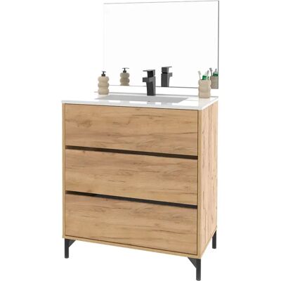 Pegane Meuble sous-vasque sur pieds à 3 tiroirs avec miroir (sans lavabo) coloris Chêne - Publicité Pegane Meuble sous-vasque sur pieds à 3 tiroirs avec miroir (sans lavabo) coloris Chêne - Publicité