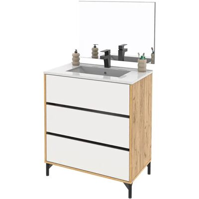 Pegane Meuble sous-vasque sur pieds à 3 tiroirs avec miroir (sans lavabo) coloris Blanc/Chêne - Publicité Pegane Meuble sous-vasque sur pieds à 3 tiroirs avec miroir (sans lavabo) coloris Blanc/Chêne - Publicité