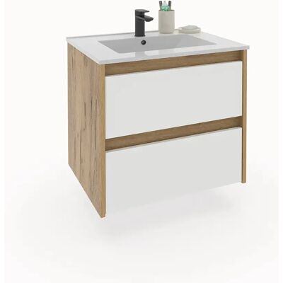Pegane Meuble sous-vasque suspendu à 2 tiroirs (sans lavabo) coloris Blanc/Chêne - Publicité Pegane Meuble sous-vasque suspendu à 2 tiroirs (sans lavabo) coloris Blanc/Chêne - Publicité