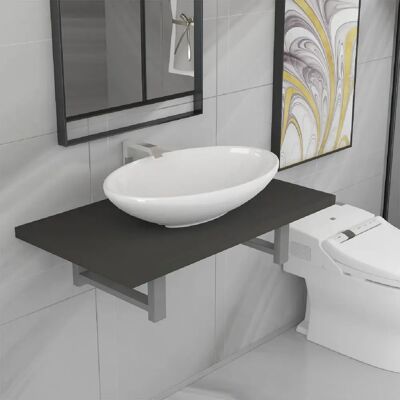 Lavabo ovale en céramique gris vidaXL avec étagère murale - Lavabo de salle de bain - Publicité Lavabo ovale en céramique gris vidaXL avec étagère murale - Lavabo de salle de bain - Publicité