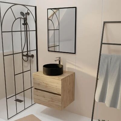 Aurlane - Meuble de salle de bain 60cm 2 tiroirs Chêne + Lavabo noir Ø36cm + Miroir 60x80cm - Publicité Aurlane - Meuble de salle de bain 60cm 2 tiroirs Chêne + Lavabo noir Ø36cm + Miroir 60x80cm - Publicité