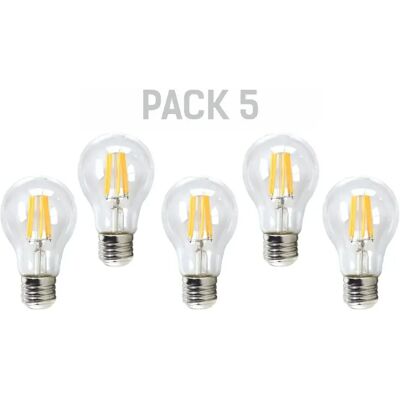 Silver Electronics Pack de 5 ampoules LED E27 standard à filament, 700lm, 6W, 5000K, 20 000h, transparent. Publicité Silver Electronics Pack de 5 ampoules LED E27 standard à filament, 700lm, 6W, 5000K, 20 000h, transparent. Publicité