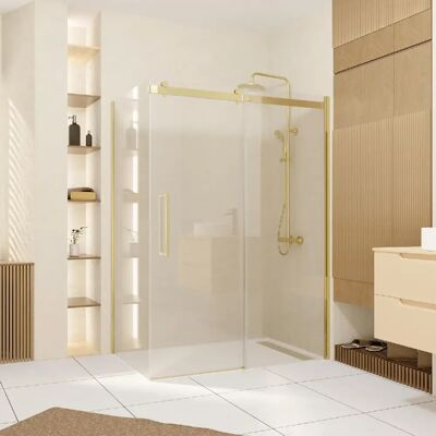 Porte de Douche Coulissante en Or Brossé - Salle de Bain - Publicité Porte de Douche Coulissante en Or Brossé - Salle de Bain - Publicité