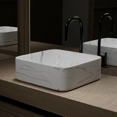 AURLANE Modèle VAS051 Lavabo carré en céramique - Marbre blanc - Publicité AURLANE Modèle VAS051 Lavabo carré en céramique - Marbre blanc - Publicité