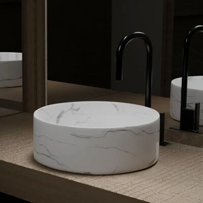 AURLANE Lavabo rond en céramique marbre blanc - 36cm x 13cm - Décor de salle de bains - Publicité AURLANE Lavabo rond en céramique marbre blanc - 36cm x 13cm - Décor de salle de bains - Publicité