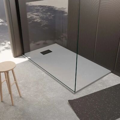 AURLANE Bac de douche gris effet pierre 90x140cm & Grille linéaire noire - Publicité AURLANE Bac de douche gris effet pierre 90x140cm & Grille linéaire noire - Publicité