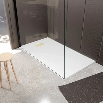 AURLANE Plateau de douche effet pierre blanc 80x140cm avec grille dorée - Pack douche - Publicité AURLANE Plateau de douche effet pierre blanc 80x140cm avec grille dorée - Pack douche - Publicité