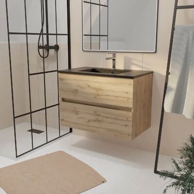 Aurlane - Meuble de salle de bain - Chêne Naturel - 80cm - 2 Tiroirs - Publicité Aurlane - Meuble de salle de bain - Chêne Naturel - 80cm - 2 Tiroirs - Publicité
