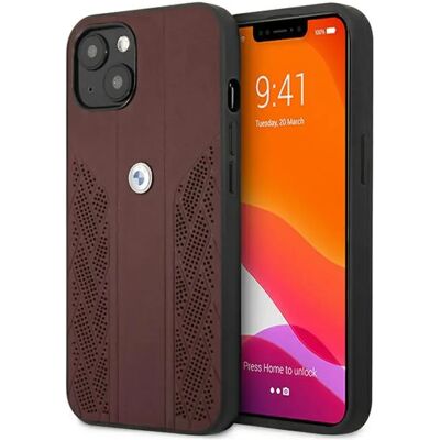 Coque dure en cuir perforé BMW pour iPhone 13 Rouge - Publicité Coque dure en cuir perforé BMW pour iPhone 13 Rouge - Publicité