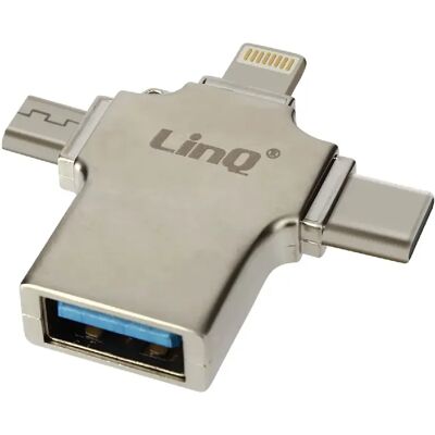 Adaptateur OTG LinQ Argent 3-en-1 Lightning, USB-C, Micro-USB - Publicité Adaptateur OTG LinQ Argent 3-en-1 Lightning, USB-C, Micro-USB - Publicité