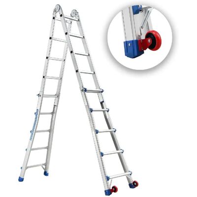 TEENO Echelle Telescopique 5,1m en Aluminium, Escabeau 5x5 Marches avec roulettes - Publicité TEENO Echelle Telescopique 5,1m en Aluminium, Escabeau 5x5 Marches avec roulettes - Publicité