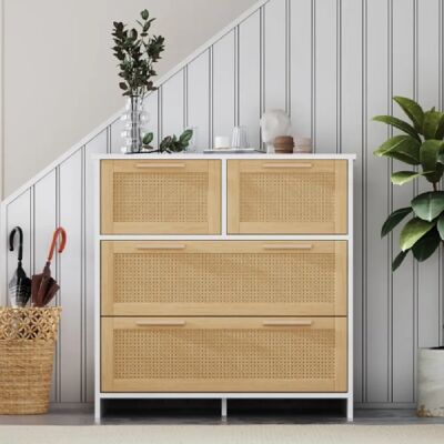 Merax Meuble De Rangement En Rotin-buffet De Haute Qualité-en Bois Massif-naturel Et Blanc - Publicité Merax Meuble De Rangement En Rotin-buffet De Haute Qualité-en Bois Massif-naturel Et Blanc - Publicité