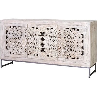 Credence en bois de manguier sculpté blanc et noir de Giner y Colomer - 2 portes, 3 tiroirs - Publicité Credence en bois de manguier sculpté blanc et noir de Giner y Colomer - 2 portes, 3 tiroirs - Publicité